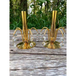 Vintage 1970s Small Brass Waterfall Crystal Candlestick Holders
